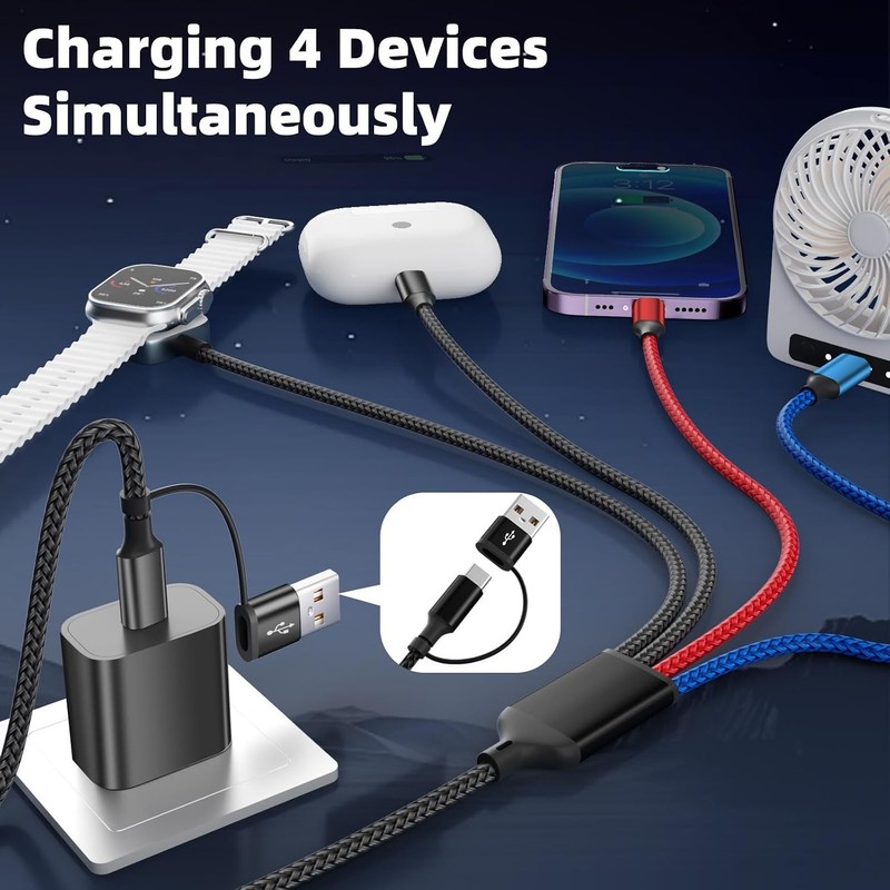 Lightweight Multi-Device Charging Cable for iWatch, iPhone 17+, Android - 5ft gallery
