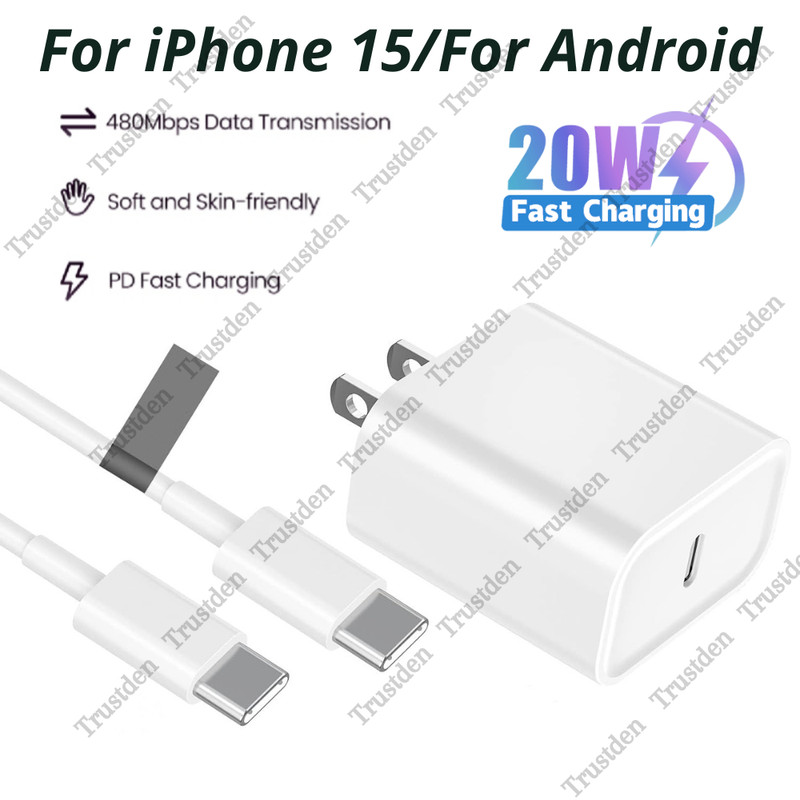 For Android iPhone 15 iPad Pro 20W PD Fast Wall Charger Dual USB C Type C Cable