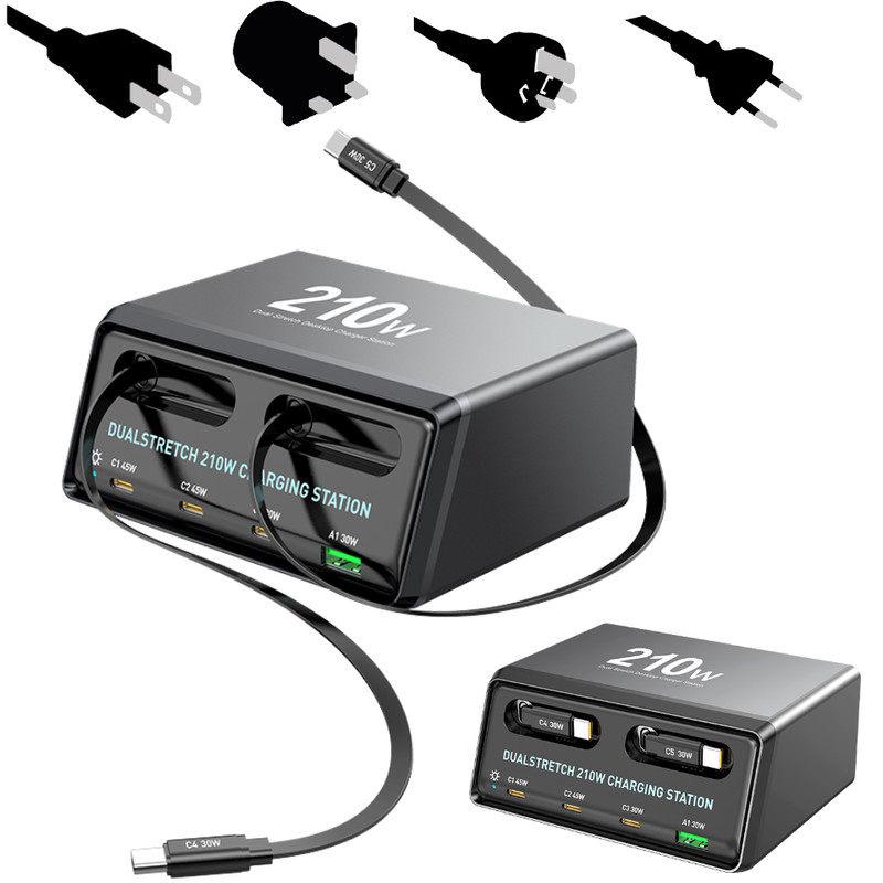 210W GaN Charger Station 6-Port USB C 5C+1A 2 Retractable Cables For MacBook