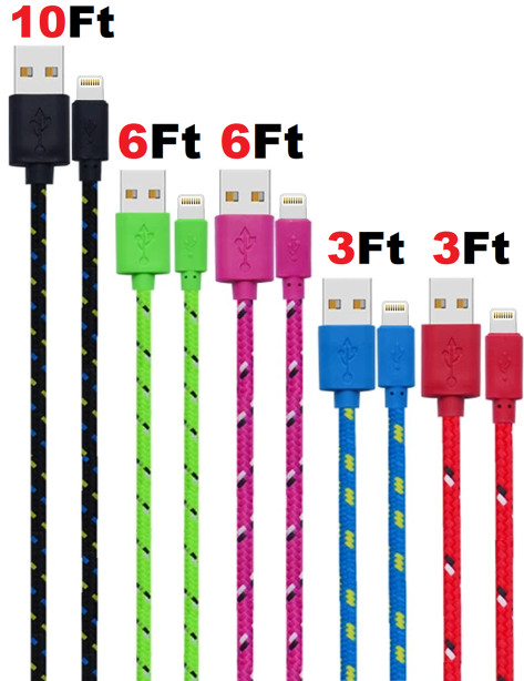 Charging Data Cable 5 Pack 3/6/10ft Charger Nylon Braided For Apple iPhone iPad gallery