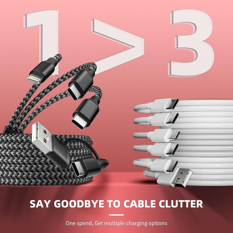 Portable 5FT Multi Charger Cable: 3-in-2 Solution with Military-Grade Durability gallery