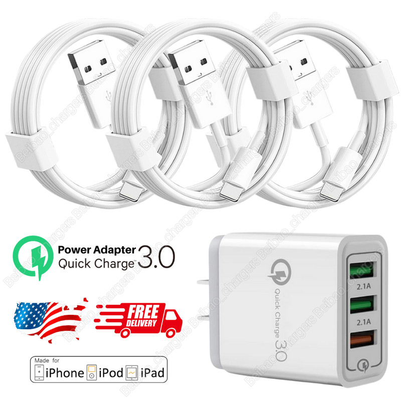 USB Fast Charger Cable Cord QC3.0 Fast Wall Charger For Apple iPhone 14 12 11 8
