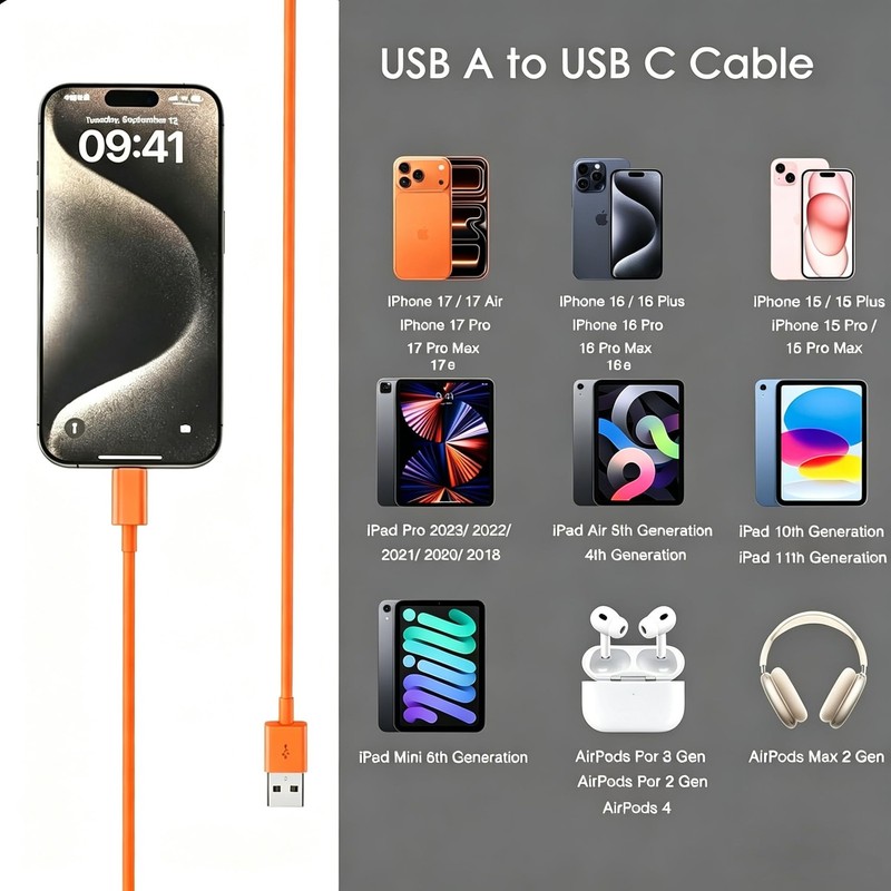Orange iPhone 17/17E Car Carplay Cable for iPhone 17/16/15, 15/16/17 Pro Max ... gallery