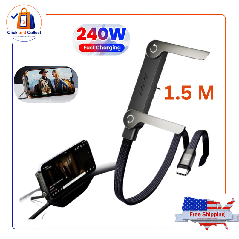 2-in-1 Invisible Holder Charger Cable–240W Fast Charging Cord with Phone Stand