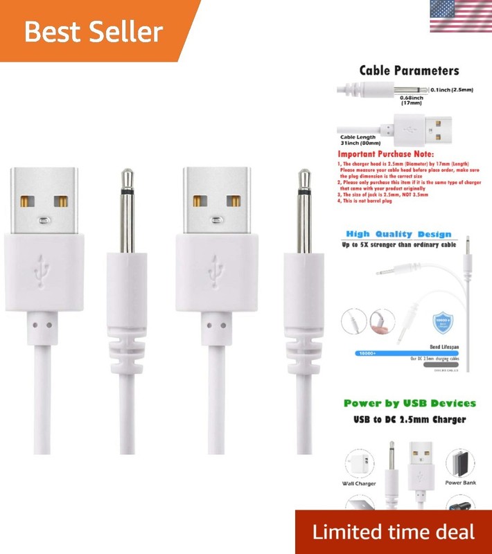 Durable 2.7ft USB to DC 2.5mm Charging Cord for Rechargeable Devices - 2 Pack
