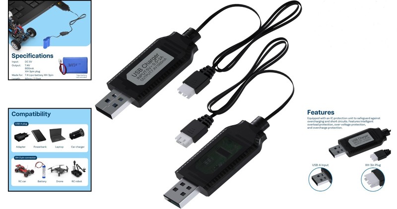 2 Pack USB Charger Cable for 7.4V LiPo & Li-ion Batteries RC Drones Quadcopters gallery