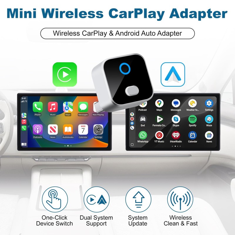 Wireless CarPlay & Android Auto Adapter, One-Click Switch Mini Size WiFi 6 & ... gallery
