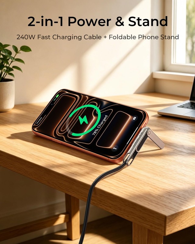 3-in-1 240W Invisible Stand Fast Charging Cable, 240W Chubby USB A/C to USB C... gallery