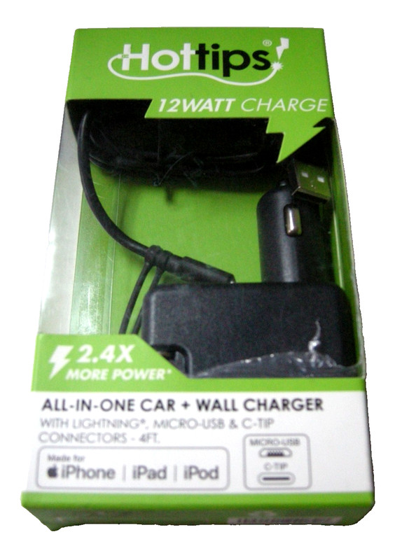 Hot Tips All-In-One Car & Home Charger, For Lighting, Micro USB, C-Tip, 12 Watt