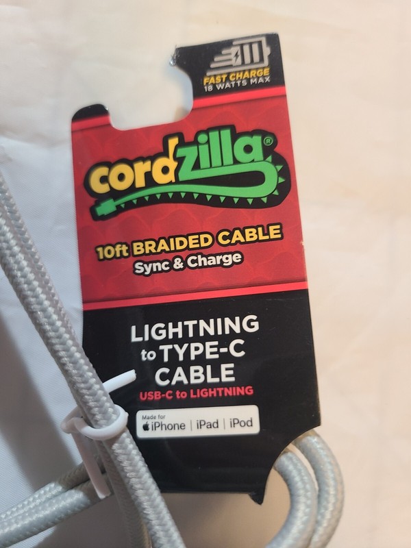 Cordzilla 10 Foot Braided Cord Sync & Charge Type-C Cable IPhone Gray