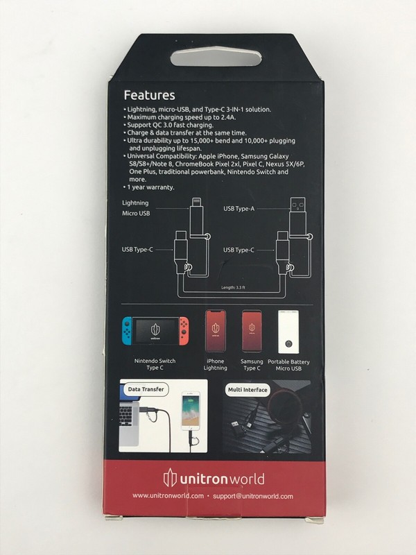 Unitron world universal CABLE android iphone micro usb, type-C 3 in-1, Brand New gallery