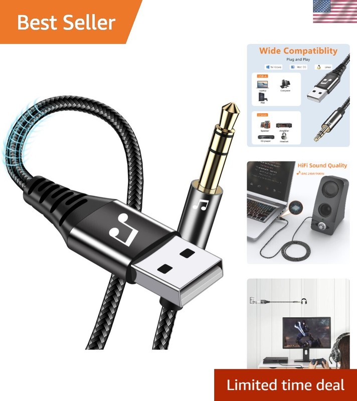 10FT USB to 3.5mm Jack Audio Cable for Enhanced Sound Quality – No Drivers