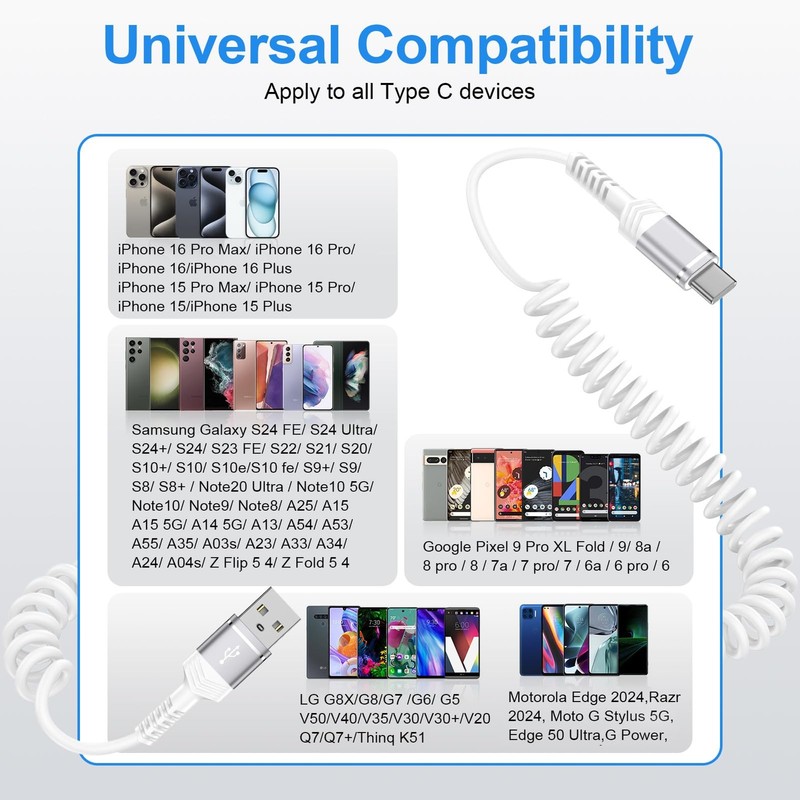 3ft Coiled USB-C Fast Charging Cable for iPhone 17/16/15 & Android Auto gallery