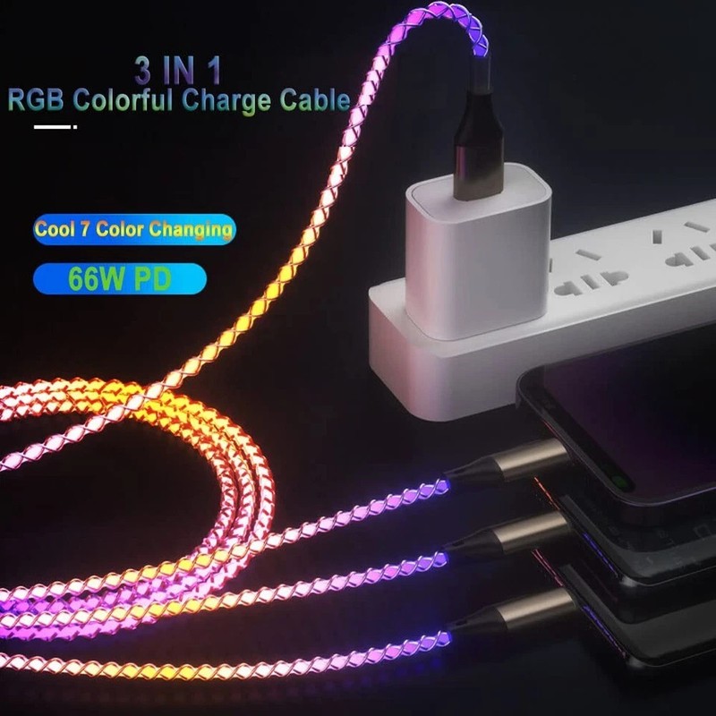Light Up Charging Cable 66W USB C 3 in 1 Charger Cable, iPhone Micro USB Type C gallery