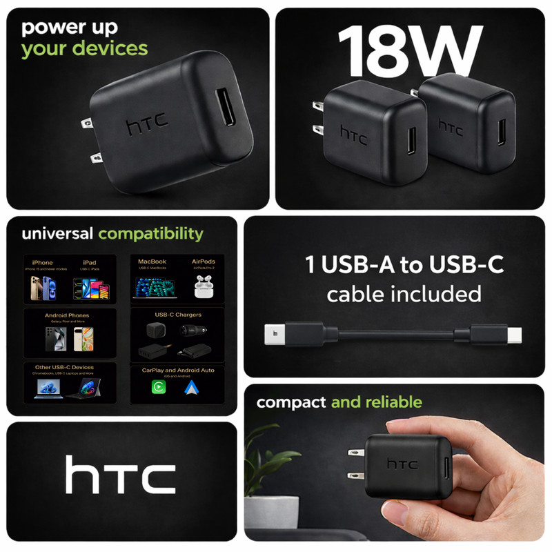 HTC 18W Fast Charger with USB Type C Cable, Adaptive Quick Charging Wall Adapter gallery