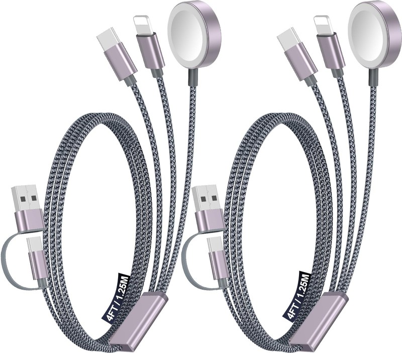 2pk 3-in-2 Multi Charging Cable-Apple Watch iPhone Type C 4FT Travel Cord