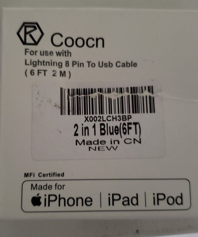 2-Item Pack – Lightning 8 Pin to USB Cable 2 in 1 Blue (6ft) – Brand: Coocn