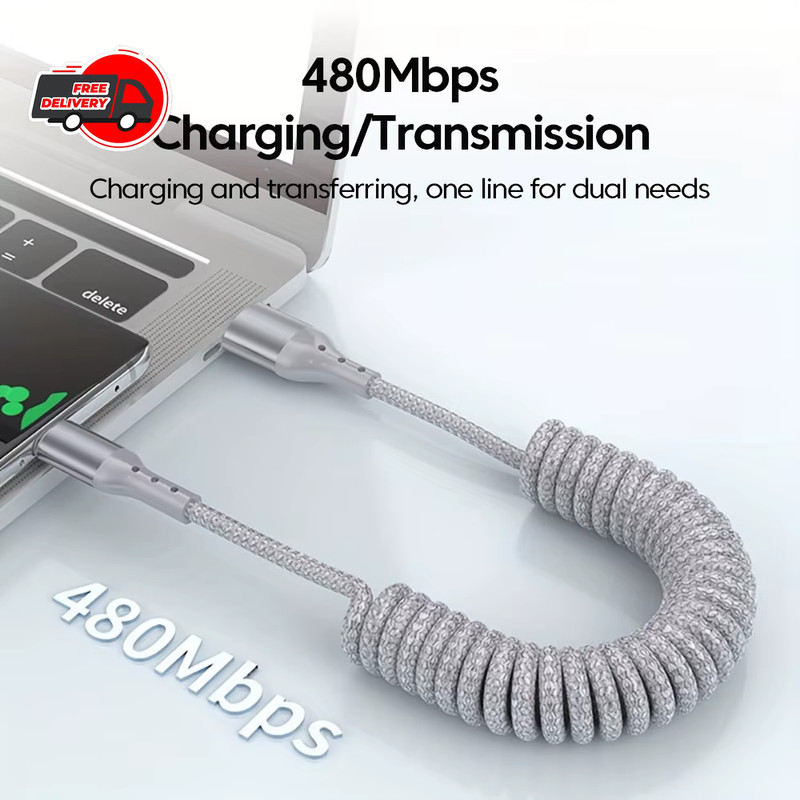 100W Fast Charging Type C Car Spring Cable USB C Data Wire For Samsung Xiaomi 15 gallery