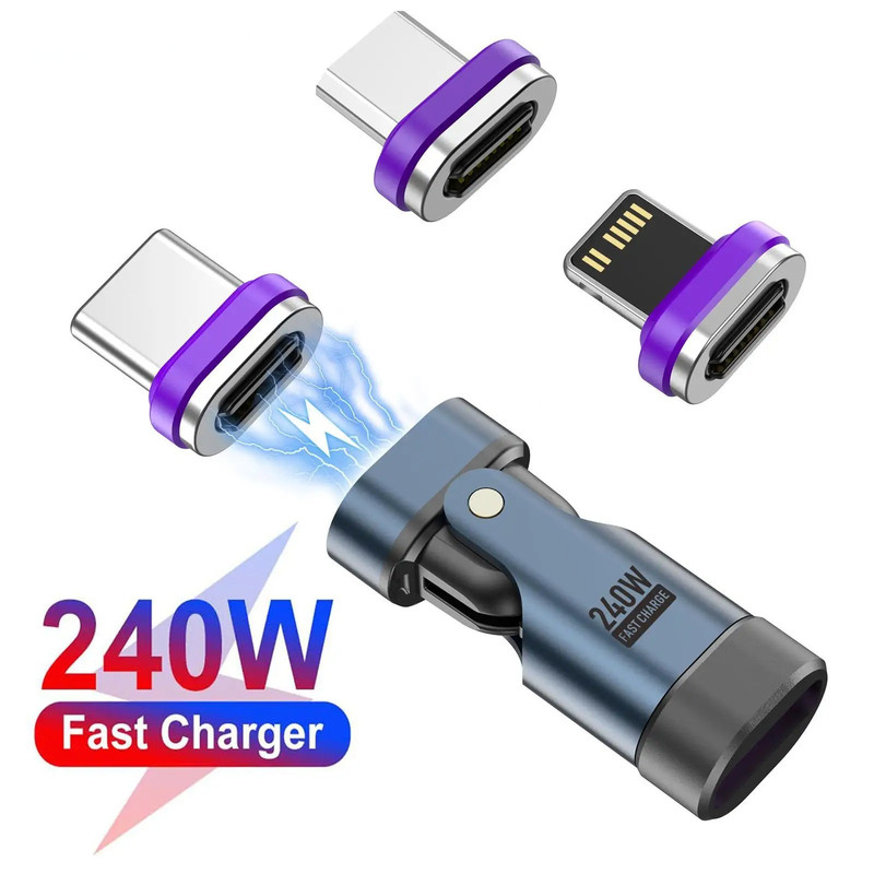 240W Magnetic Type C Female Adapter 180° Rotation Fast Charging USB C Converter