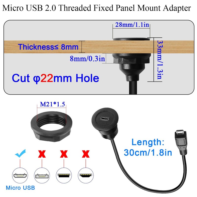 Micro USB Threaded Fixed Mount Charging Short Cable Adapter Micro USB Male to... gallery