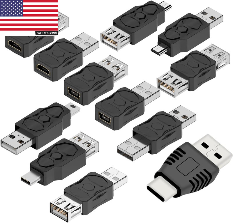 12-Pack USB 2.0 Adapter Set USB A / USB C / Micro USB / Mini USB Male to Female
