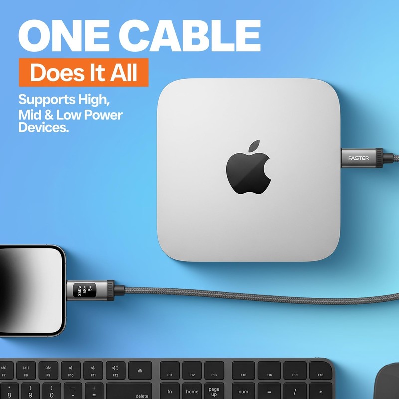 FASTER D8 240W USB-C to USB-C Cable 1.2m, 3.9 ft, OLED Display, 480 Mbps gallery