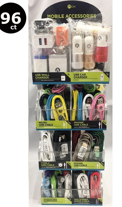 96ct PHONE CABLE CHARGER ACCESSORIES WHOLESALE LOT COUNTERTOP DISPLAY-2 PORTS