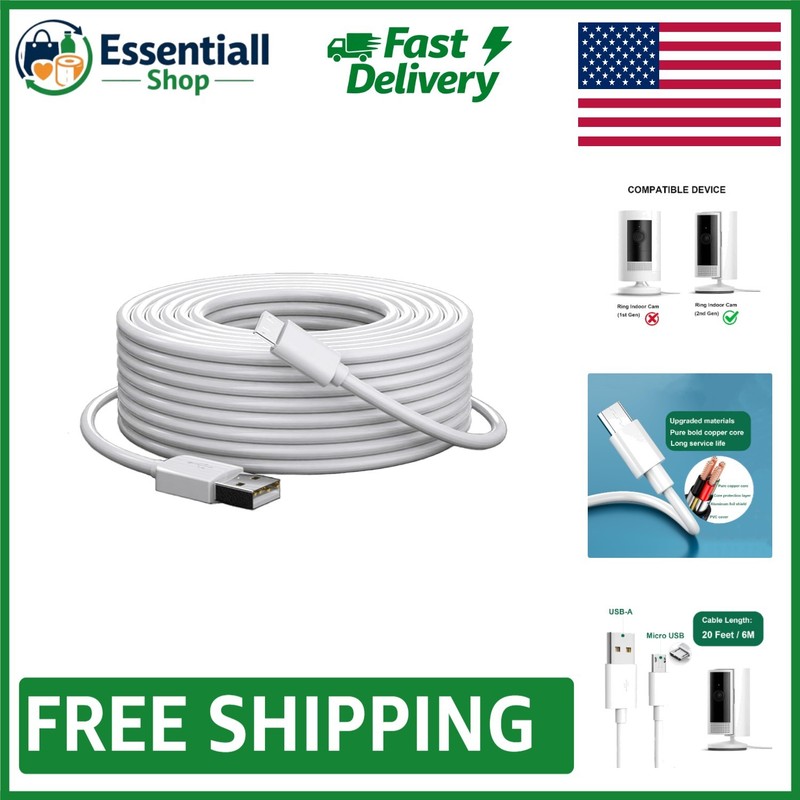 Durable 20FT Fast Charging USB-A to Micro USB Cable for Ring Camera 2nd Gen