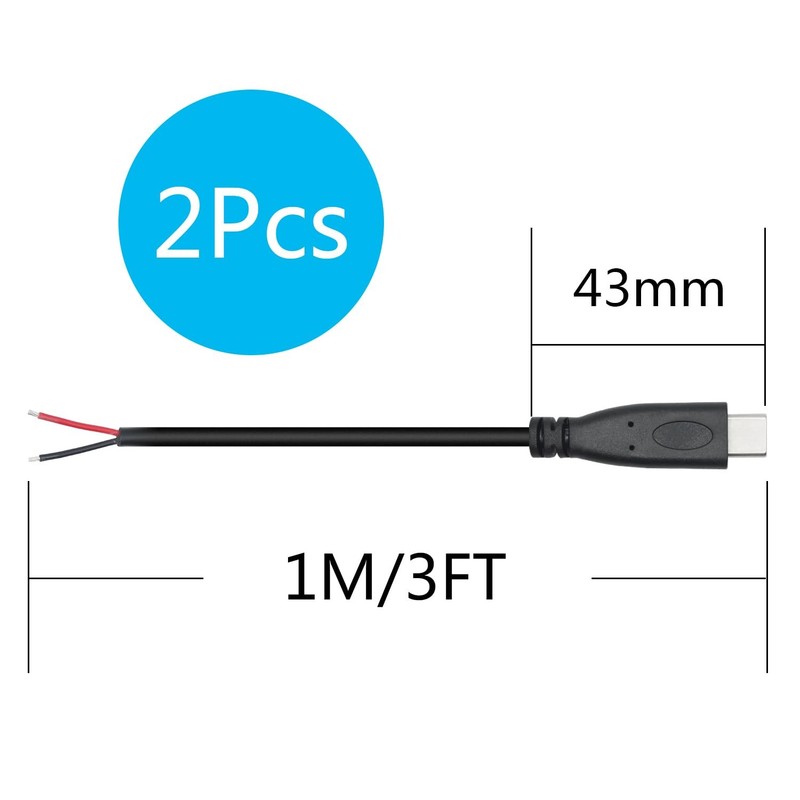 2 PCS USB C To 2 Pin Bare Wire Open End 1M/3FT Type C Male Pigtail 22AWG gallery