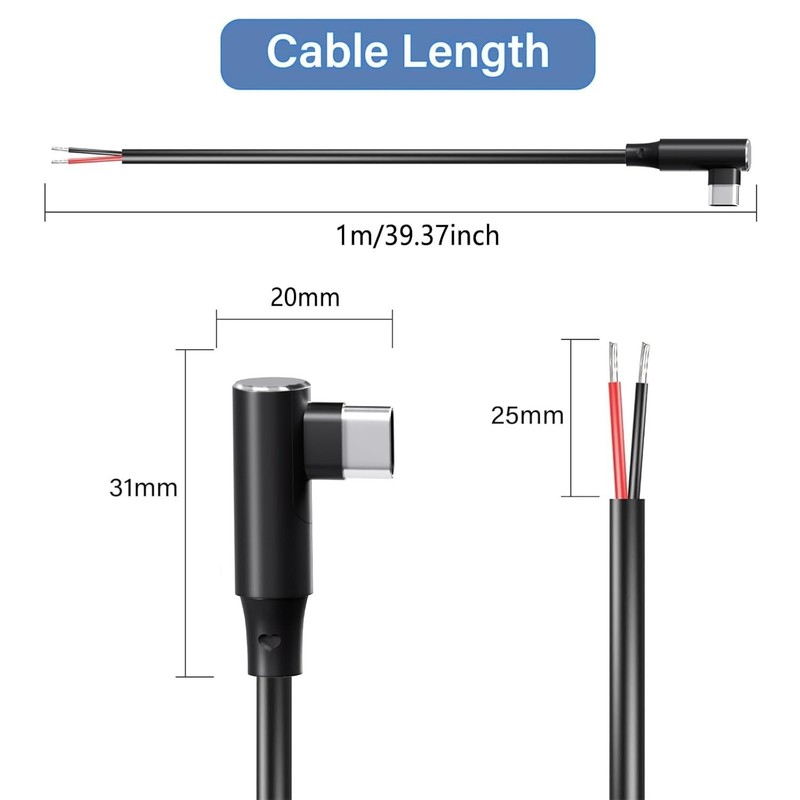 USB C Pigtail - USB C to 2 Pin Bare Wire Open End Power Cable, 90 Degree Righ... gallery