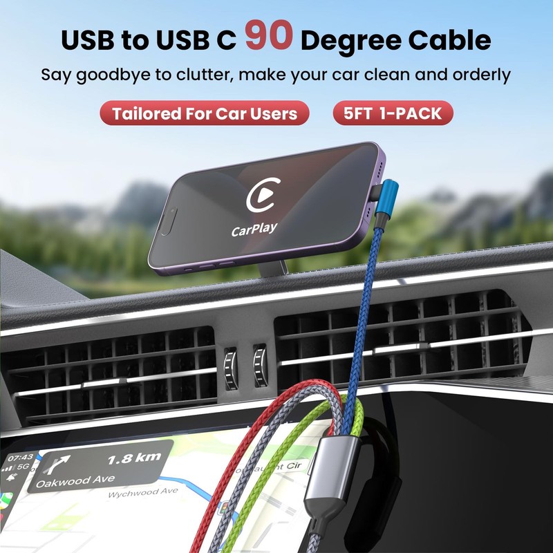 USB A/C to C Right Angle Cable, 90 Degree 1Pack5FT, Green_Blue_Grey_Red gallery