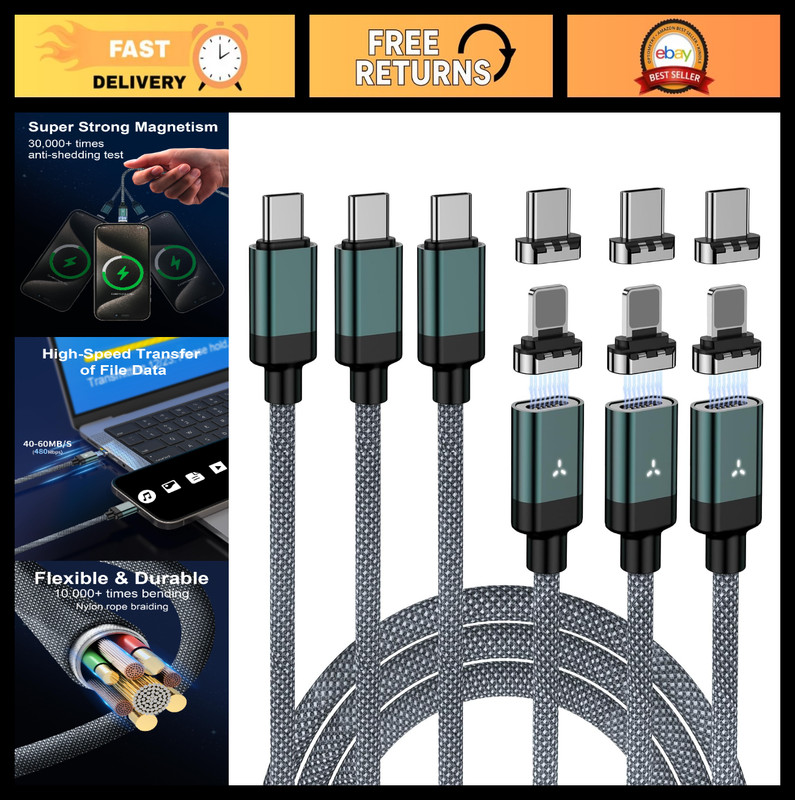 100W USB C Magnetic Charging Cable - 2 in 1 Type C Charger (3 Pack, 4/6.6FT) Fas
