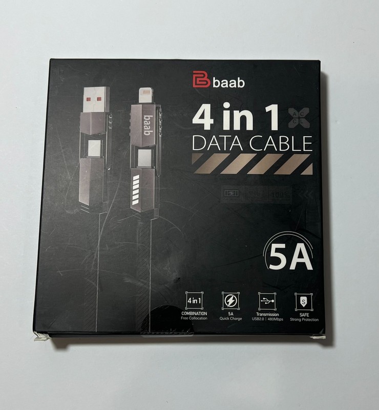 Baab 4 in 1 Data Cable 5A 100w 5ft iPad iPhone Samsung