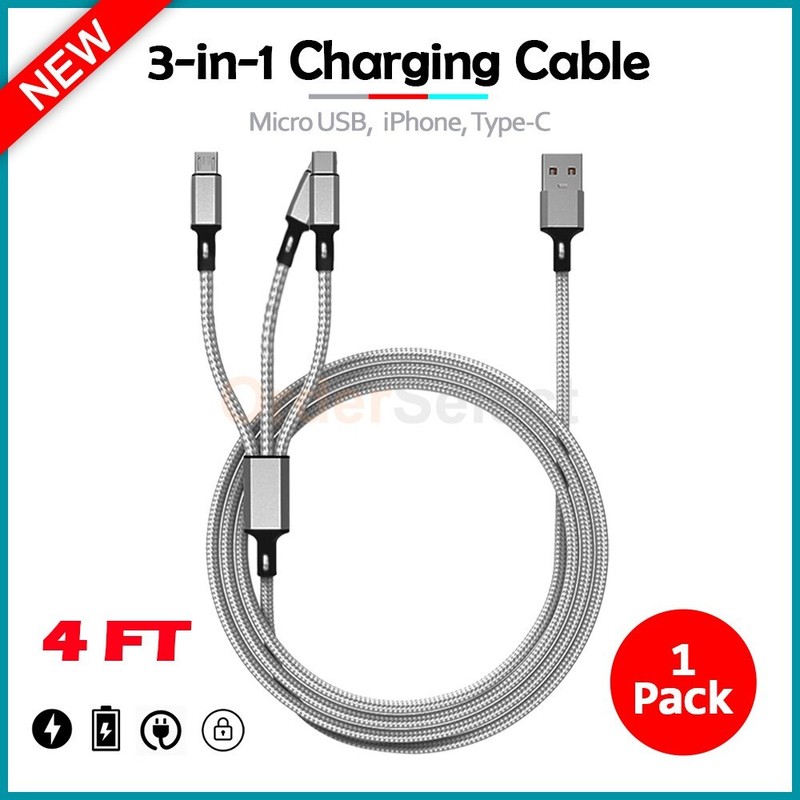 Fenzer 3-in-1 Nylon Braided 4ft Charging Cable for iPhone,iPad, USB-C, Micro USB