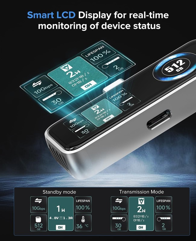 ZIKE Z791C Magnetic Portable SSD 512 GB, External SSD Built-in Fan, 4K 120fps... gallery