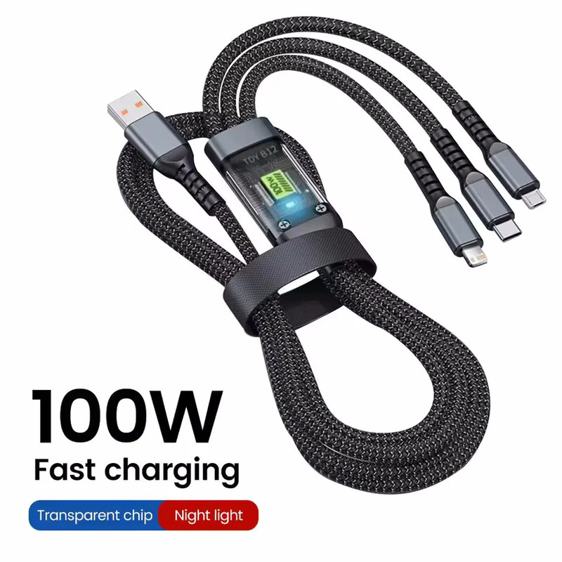 100W 3 In 1 Transparent Pilot Lamp Super Fast Charging Cable 6A Universal with T
