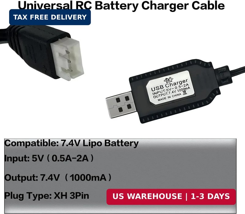 2 Pack 7.4V USB Charger Cable with XH-3Pin Plug Universal Compatible RC Car RC P gallery