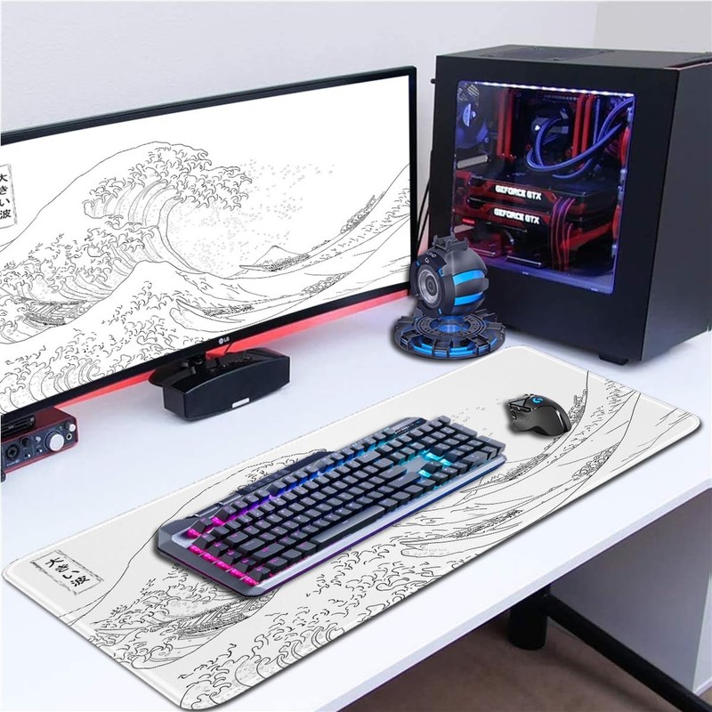 Large Gaming Mouse Pad with Stitched Edges,Non-Slip Base Desk Pad,White Wave ... gallery