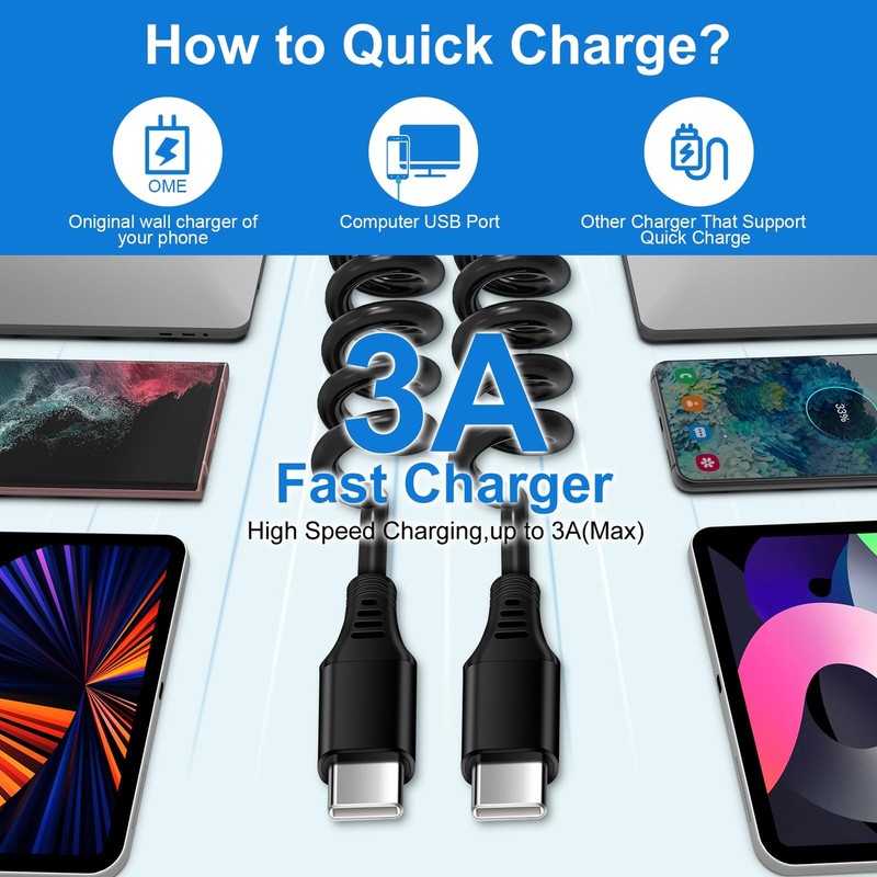 iPhone 17 Air 16e 16 15 Pro Max Charger Cable 3ft for Car Coiled USB C Cord gallery