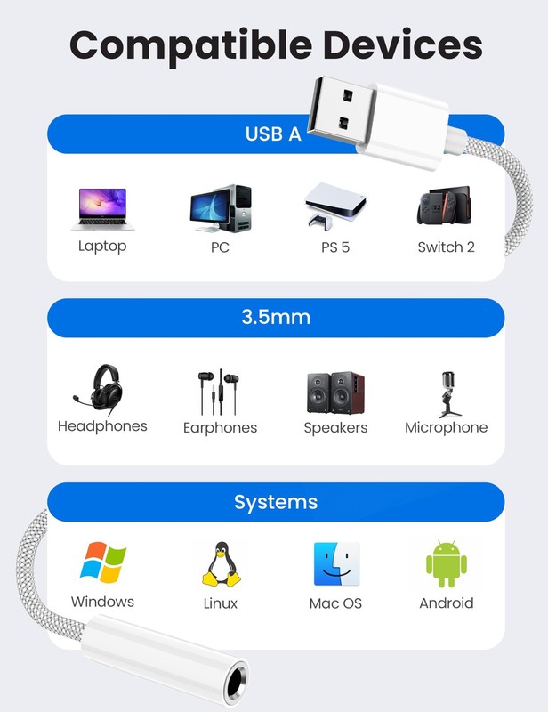 Fidioto USB to 3.5mm Audio Jack Adapter, Headphone 3 Pack, white gallery
