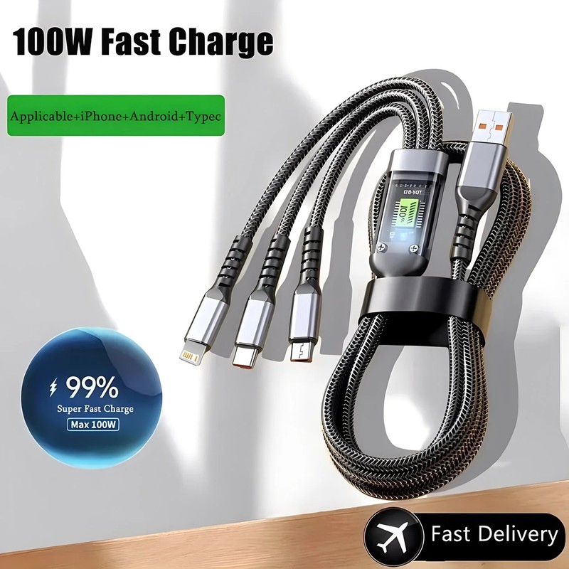 100W 3in1 Fast Charging Cable USB-C Micro Nylon Braided Cord 1.2M For Android US