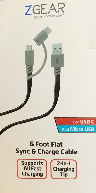 ZGEAR – USB-C & Micro USB Flat Sync & Charge Cable – Gray – 6 Foot