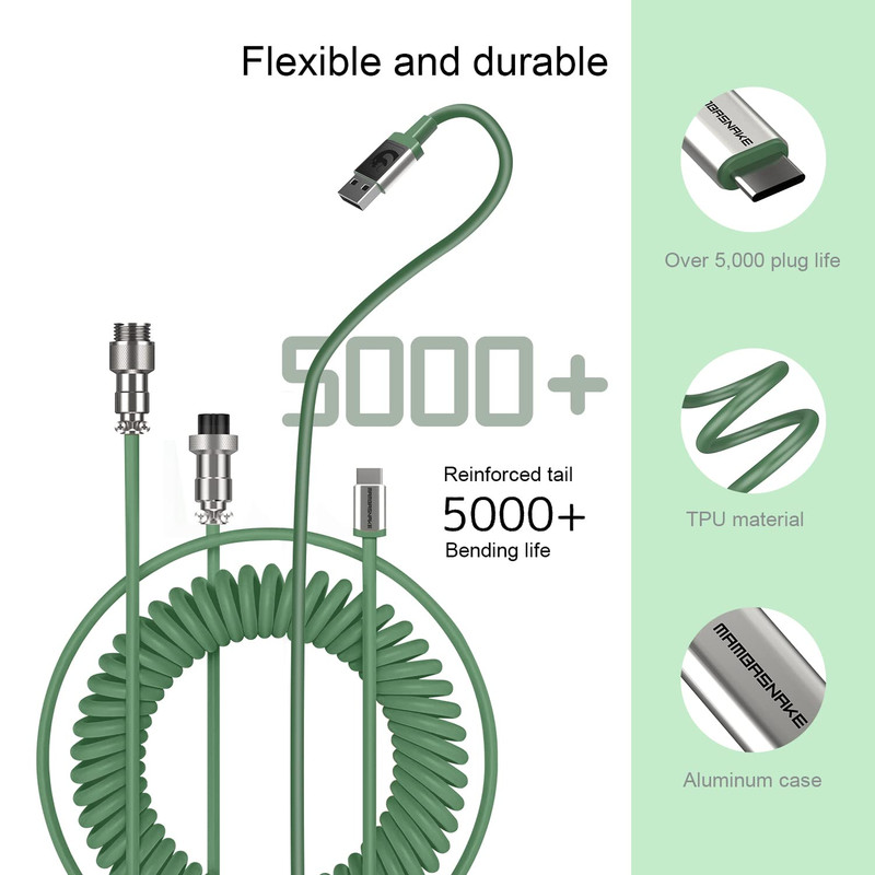 Coiled USB C to A Keyboard Cable TPU Cord Green Spiral Extendable for Gaming and gallery
