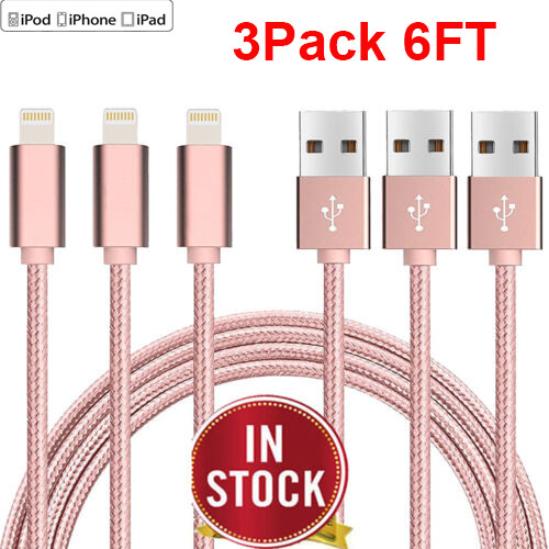3Pack 6Ft USB Data Cable For iPhone 8 7 6Plus Charger Charging Cord Sync Pink