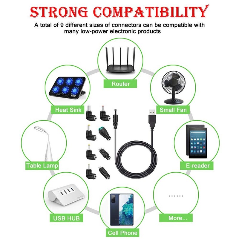 Universal 5V DC Power Cable, USB to DC 5.5x2.1mm Charging Cord Plug with 8 Co... gallery