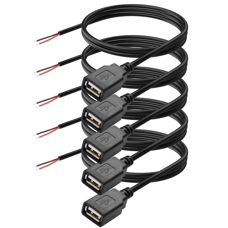 5 PCS USB A Female 2 Pin Bare Wire 22AWG 2.0 Plug Open End Extension Cable