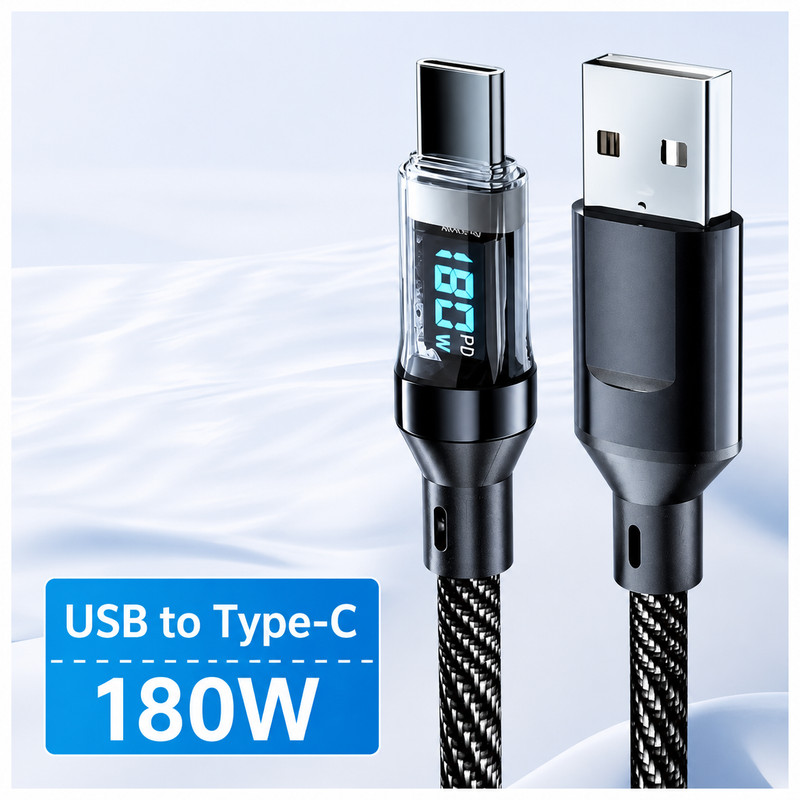 180W Fast Charging USB-A to USB-C Cable LED Display Data Sync Charger Lead Black