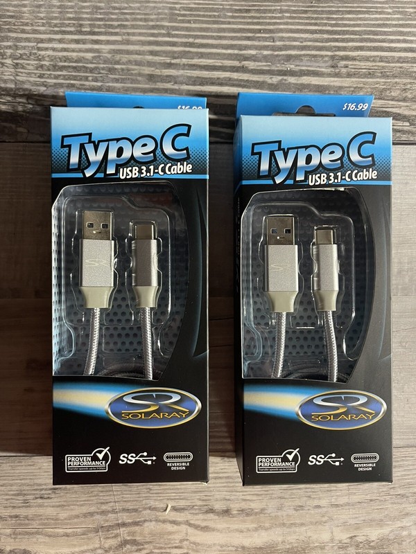 New SOLARAY TYPE C USB 3.1 - C CBL SUPER SPEED DATA TRANSFER/FAST CHARGE 3ft 2pk