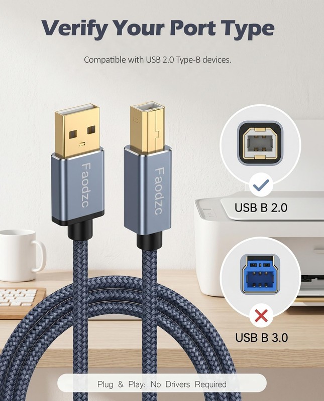 25 ft Printer Cable, Nylon Braided USB 2.0 Type A to B Cord, High-Speed 480Mb... gallery