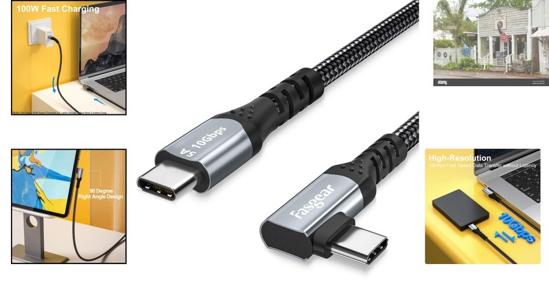 E-Marker 3ft USB-C to USB-C Cable, Braided Design, 10Gbps Data Sync, 90 Degree gallery